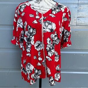 West Kei Red Floral Blouse with Black and White Accents  Size‎ L NWT